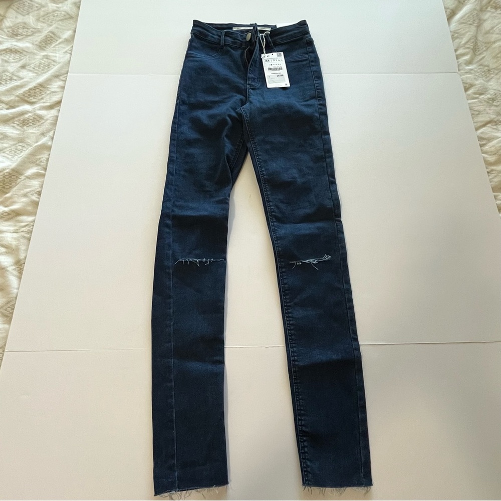 ZARA NWT High Waist Ankle Skinny Stretch Frayed Hems Blue Jeans Size 2 US